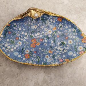 Shells Large Decoupage Floral w/Faux Pearl Gold Leaf Trim Gift Art Trinket Dish